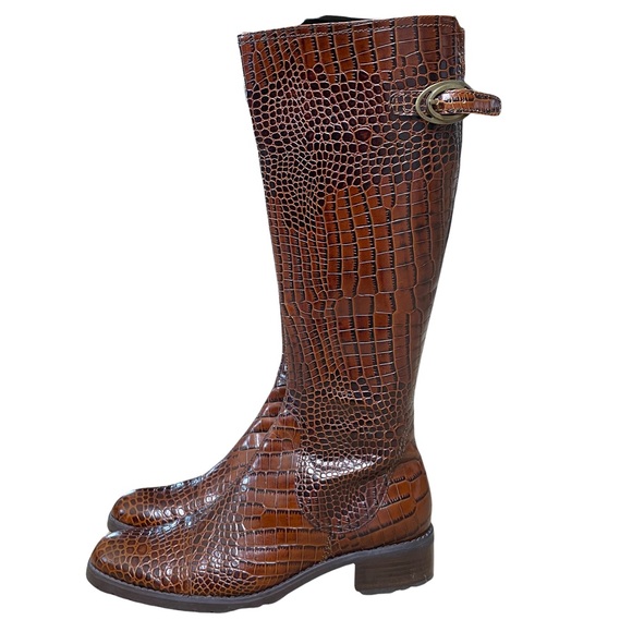 Franco Sarto L-Tribute Brown Leather Crocodile Embossed Tall Boots Women's Sz 8 - Picture 2 of 12